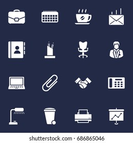 Set Of 16 Bureau Icons Set.Collection Of Pencil Stand, Printer, Calendar Elements.
