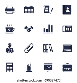 Set Of 16 Bureau Icons Set.Collection Of Calendar, Diagram, Pencil Stand Elements.