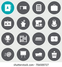 Set Of 16 Bureau Icons Set.Collection Of Data , Stand , Espresso Elements.