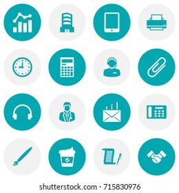 Set Of 16 Bureau Icons Set.Collection Of Printer, Cappuccino, Contract And Other Elements.
