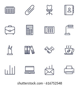 Set Of 16 Bureau Outline Icons Set.Collection Of Pen Storage, Date, Hot Drink And Other Elements.