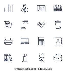 Set Of 16 Bureau Outline Icons Set.Collection Of Telephone Directory, Document Case, Workplace And Other Elements.