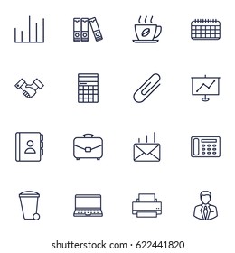 Set Of 16 Bureau Outline Icons Set.Collection Of Printing Machine, Notebook, Telephone Directory And Other Elements.