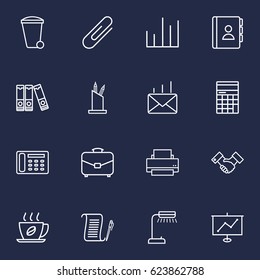 Set Of 16 Bureau Outline Icons Set.Collection Of Pen Storage, Post, Contacts And Other Elements.