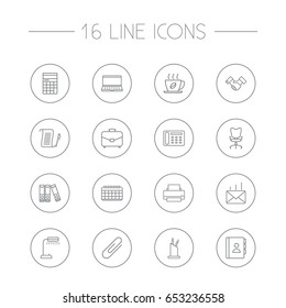 Set Of 16 Bureau Outline Icons Set.Collection Of Hot Drink, Portfolio, Notebook And Other Elements.