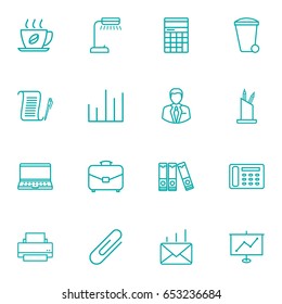 Set Of 16 Bureau Outline Icons Set.Collection Of Counter, Notebook, Hot Drink And Other Elements.