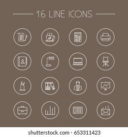 Set Of 16 Bureau Outline Icons Set.Collection Of Notebook, Post, Counter And Other Elements.