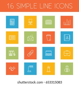 Set Of 16 Bureau Outline Icons Set.Collection Of Pen Storage, Counter, Chart And Other Elements.