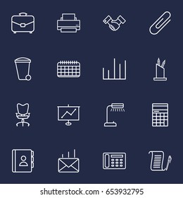 Set Of 16 Bureau Outline Icons Set.Collection Of Telephone Directory, Workplace, Chart And Other Elements.
