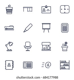 Set Of 16 Bureau Outline Icons Set.Collection Of Wall Clock, Email, Bookshelf And Other Elements.