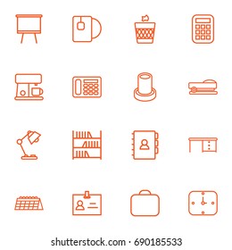 Set Of 16 Bureau Outline Icons Set.Collection Of Pencil, Wall Clock, Coffee Maker And Other Elements.