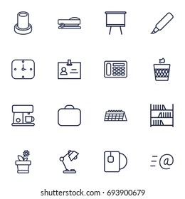 Set Of 16 Bureau Outline Icons Set.Collection Of Tea, Wastebasket, Flowerpot And Other Elements.