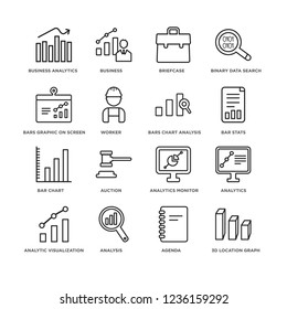 Set Of 16 Business and analytics line icons such as 3D Location Graph, Worker, Analysis, analytic Visualization, Analytics, Binary data search, editable stroke icon pack, pixel perfect