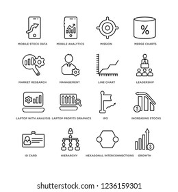 Set Of 16 Business and analytics line icons such as Growth, Hexagonal Interconnections, Mobile stock data, Id card, Increasing stocks, Ipo, Mission, editable stroke icon pack, pixel perfect