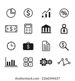 Isolierte Geschäfts- und Finanzwelt, Vektorgrafik 12 Symbole auf weißem Hintergrund für die Unternehmensfinanzierung, Infografiken-Symbole. Investitionen, Bürosymbole, Bargeld, Finanzanalyse, Dollar. 12 Vektorsymbollsammlung.