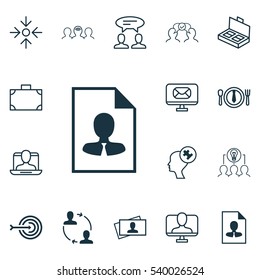 Set Of 16 Business Management Icons. Includes Collaborative Solution, Dinner, Human Mind And Other Symbols. Beautiful Design Elements.