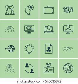 Set Of 16 Business Management Icons. Includes Dinner, Coaching, Cv And Other Symbols. Beautiful Design Elements.