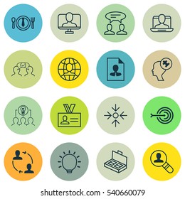 Set Of 16 Business Management Icons. Includes Business Aim, Great Glimpse, Dinner And Other Symbols. Beautiful Design Elements.