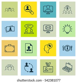 Set Of 16 Business Management Icons. Includes Document Suitcase, Cv, Collaborative Solution And Other Symbols. Beautiful Design Elements.