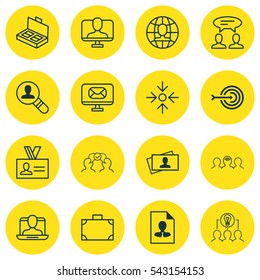 Set Of 16 Business Management Icons. Includes Online Identity, Authentication, Dialogue And Other Symbols. Beautiful Design Elements.
