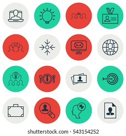 Set Of 16 Business Management Icons. Includes Business Aim, Open Vacancy, Calling Card And Other Symbols. Beautiful Design Elements.