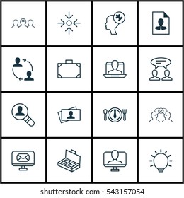 Set Of 16 Business Management Icons. Includes Cv, Online Identity, Dinner And Other Symbols. Beautiful Design Elements.