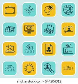 Set Of 16 Business Management Icons. Includes Business Aim, Social Profile, Open Vacancy And Other Symbols. Beautiful Design Elements.