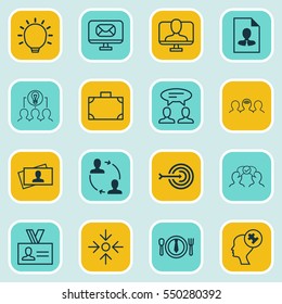 Set Of 16 Business Management Icons. Includes Calling Card, Dinner, Arrow And Other Symbols. Beautiful Design Elements.