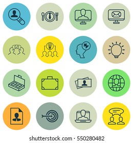 Set Of 16 Business Management Icons. Includes Email, Document Suitcase, Great Glimpse And Other Symbols. Beautiful Design Elements.