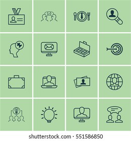 Set Of 16 Business Management Icons. Includes Calling Card, Cooperation, Open Vacancy And Other Symbols. Beautiful Design Elements.