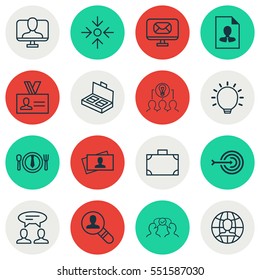 Set Of 16 Business Management Icons. Includes Dinner, Business Aim, Portfolio And Other Symbols. Beautiful Design Elements.