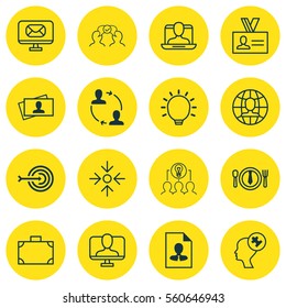 Set Of 16 Business Management Icons. Includes Social Profile, Cooperation, Cooperation And Other Symbols. Beautiful Design Elements.