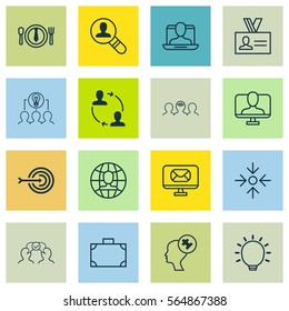 Set Of 16 Business Management Icons. Includes Human Mind, Cooperation, Open Vacancy And Other Symbols. Beautiful Design Elements.