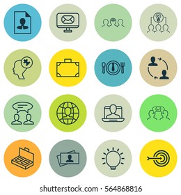 Set Of 16 Business Management Icons. Includes Cooperation, Global Work, Dialogue And Other Symbols. Beautiful Design Elements.