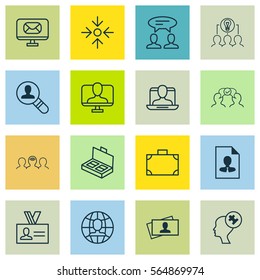 Set Of 16 Business Management Icons. Includes Portfolio, Document Suitcase, Global Work And Other Symbols. Beautiful Design Elements.