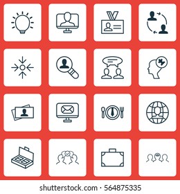 Set Of 16 Business Management Icons. Includes Open Vacancy, Calling Card, Dinner And Other Symbols. Beautiful Design Elements.