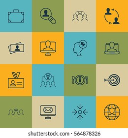 Set Of 16 Business Management Icons. Includes Cooperation, Portfolio, Human Mind And Other Symbols. Beautiful Design Elements.
