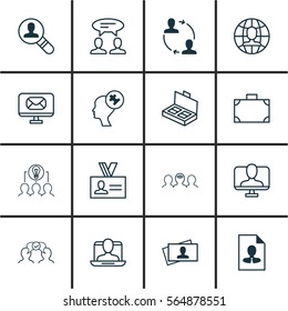 Set Of 16 Business Management Icons. Includes Human Mind, Cooperation, Cooperation And Other Symbols. Beautiful Design Elements.