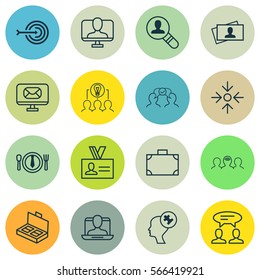 Set Of 16 Business Management Icons. Includes Dialogue, Dinner, Coaching And Other Symbols. Beautiful Design Elements.