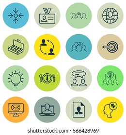 Set Of 16 Business Management Icons. Includes Global Work, Cooperation, Coaching And Other Symbols. Beautiful Design Elements.