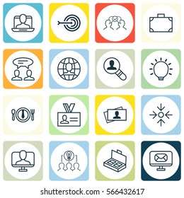 Set Of 16 Business Management Icons. Includes Business Aim, Calling Card, Social Profile And Other Symbols. Beautiful Design Elements.