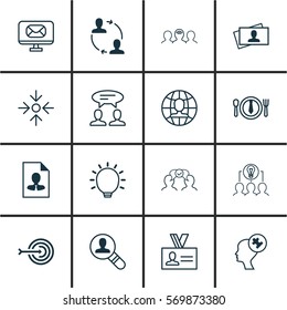 Set Of 16 Business Management Icons. Includes Dialogue, Dinner, Cooperation And Other Symbols. Beautiful Design Elements.