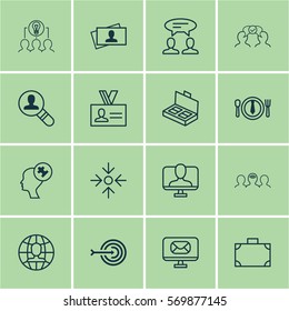 Set Of 16 Business Management Icons. Includes Cooperation, Global Work, Dinner And Other Symbols. Beautiful Design Elements.