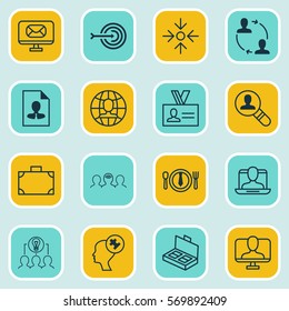 Set Of 16 Business Management Icons. Includes Open Vacancy, Dinner, Global Work And Other Symbols. Beautiful Design Elements.