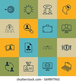 Set Of 16 Business Management Icons. Includes Coaching, Calling Card, Document Suitcase And Other Symbols. Beautiful Design Elements.
