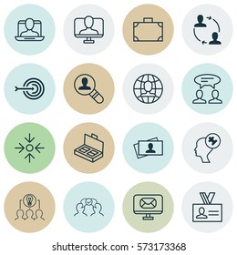 Set Of 16 Business Management Icons. Includes Online Identity, Collaborative Solution, Email And Other Symbols. Beautiful Design Elements.