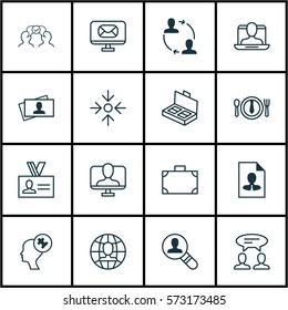 Set Of 16 Business Management Icons. Includes Authentication, Portfolio, Human Mind And Other Symbols. Beautiful Design Elements.