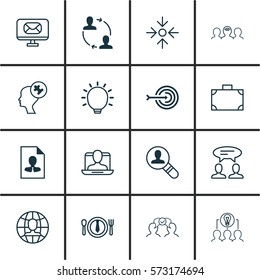 Set Of 16 Business Management Icons. Includes Dinner, Great Glimpse, Cooperation And Other Symbols. Beautiful Design Elements.