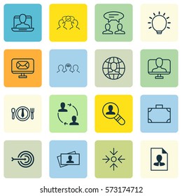Set Of 16 Business Management Icons. Includes Calling Card, Coaching, Great Glimpse And Other Symbols. Beautiful Design Elements.