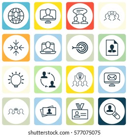 Set Of 16 Business Management Icons. Includes Social Profile, Cv, Authentication And Other Symbols. Beautiful Design Elements.